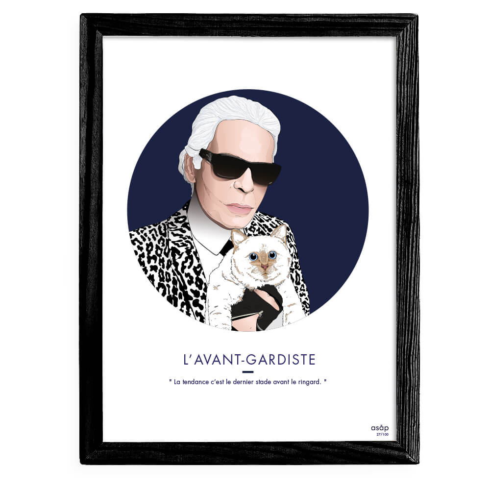 Affiche ASAP Karl Lagerfeld & Choupette Bleu Citation Cadre noir